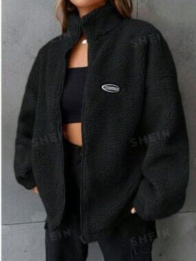 SHEIN Women's Black Oversized Sherpa Zip-Up Jacket Size Small Loose Fit Patch S